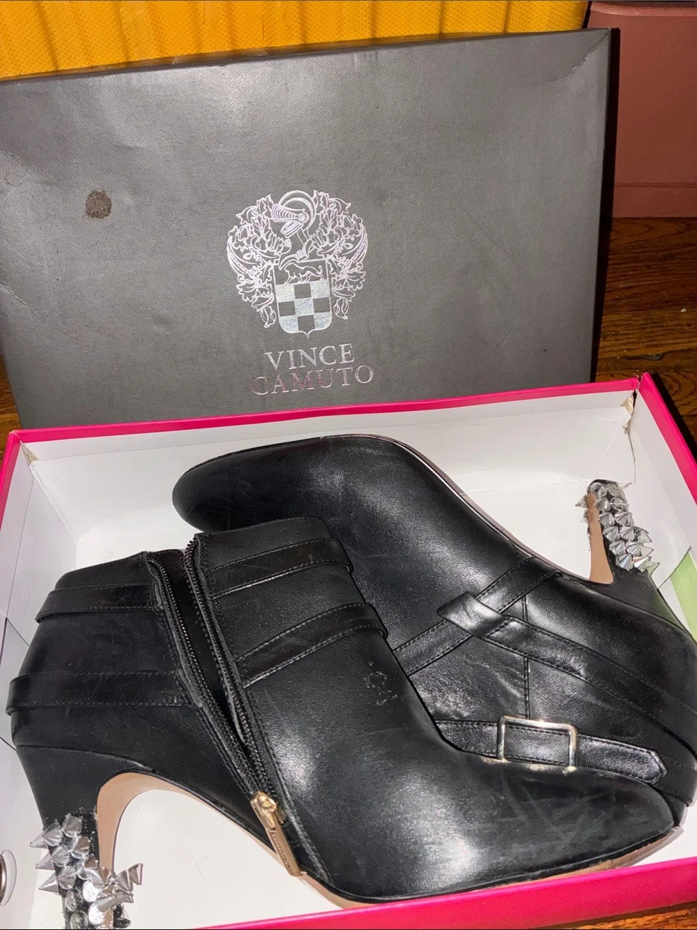 Vince Camuto Black Leather Ankle Booties with Studded Heels